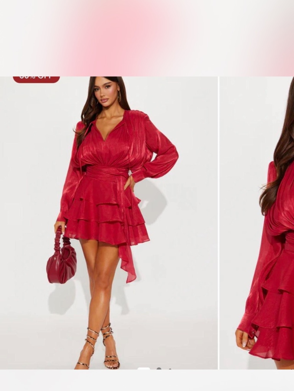 Fashion Nova Red Tiered V-Neck Long-Sleeve Mini Dress